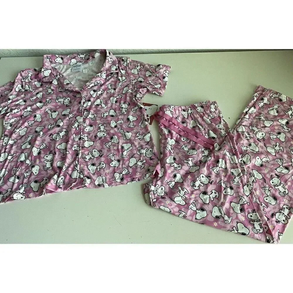 Peanuts SNOOPY‎ Pink Women’s Sz L Pajama PJ Set Pants Short Sleeve Soft Daisies